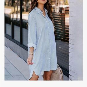 Blue and white Striped Button Down Long Sleeve Shirt Dress with Pockets Size 2xl